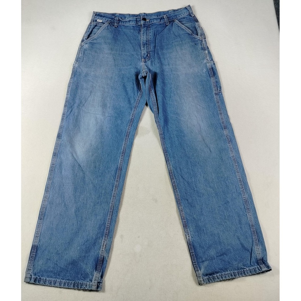 Carhartt FR Jeans Mens 38 Light Wash Blue Relaxed Straight Workwear Distressed